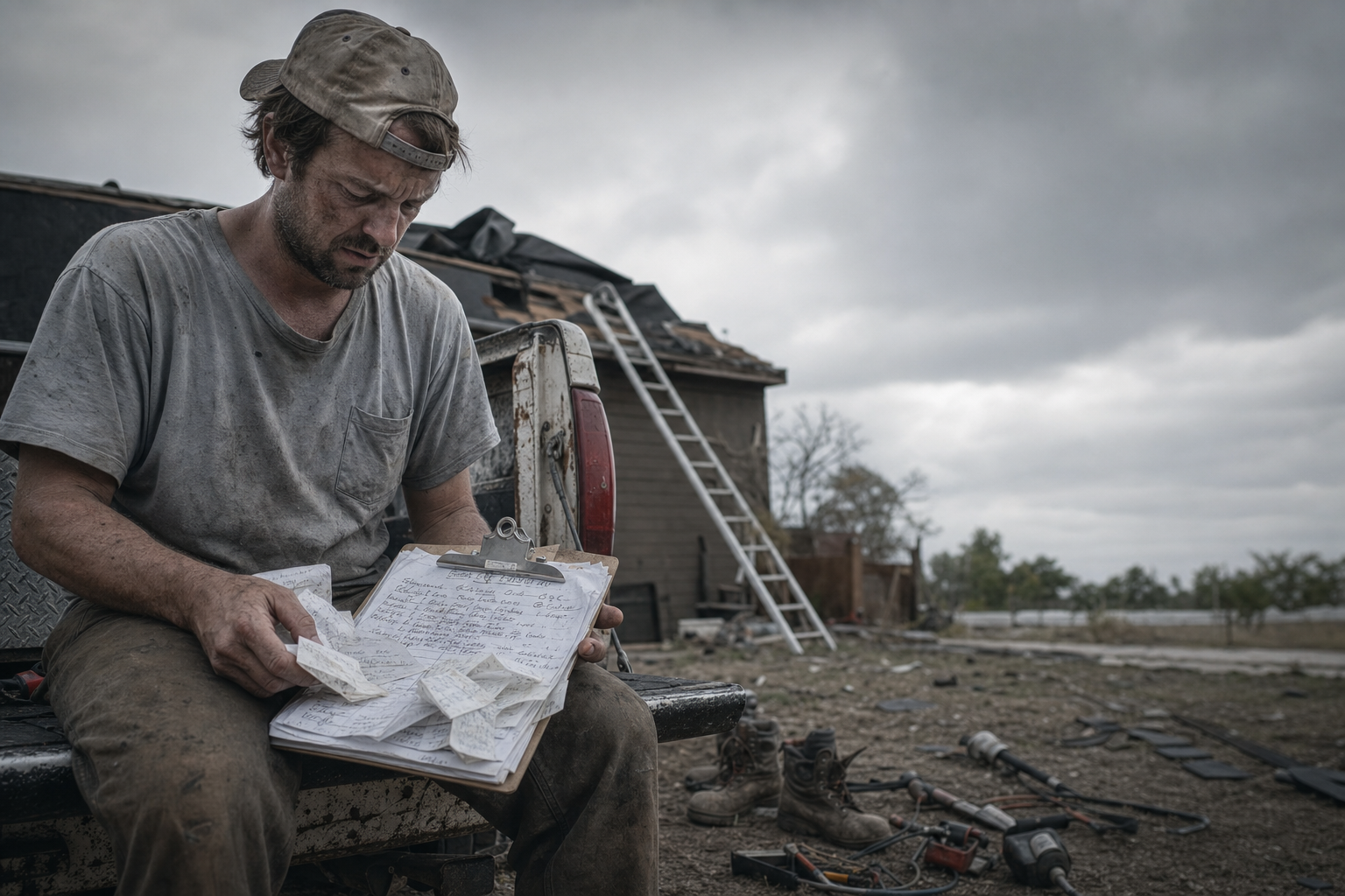 Stressed roofing contractor reviewing paperwork