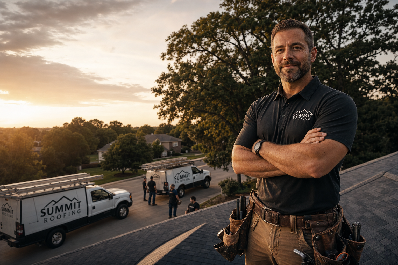 Confident roofing company owner on a completed roof at dusk